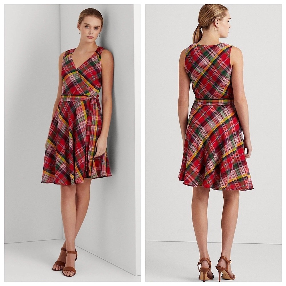 Lauren Ralph Lauren Red Plaid Sleeveless Wrap Dress